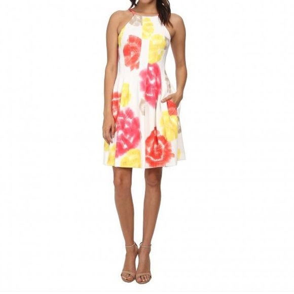Calvin Klein Orange Floral Multicolor Sz 6 Sleeveless Fit & Flare Lined Dress - Picture 1 of 7